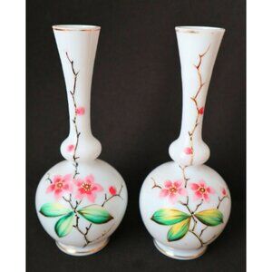 2 Victorian Milk Glass Vases Hand Painted Vase 1920s